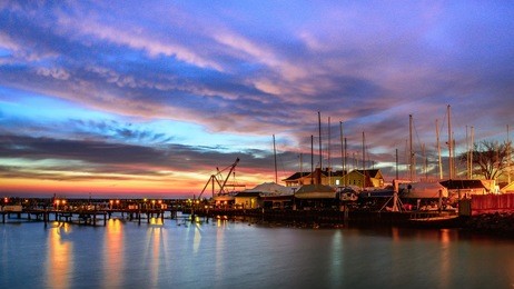 boat piers with colorful sunrise on lake michigan in milwaukee, wisconsin