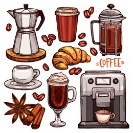 coffee color hand drawn collection. vector sketch illustration set with coffee maker, kettle, cups, croissant, latte, cinnamon, star anise, coffee beans