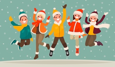 happy winter vacation. warmly dressed people in the jump. the concept of active rest and joyful pastime. vector illustration in a flat style