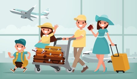 family travel. father mother, son and daughter at the airport. vector illustration in a flat style