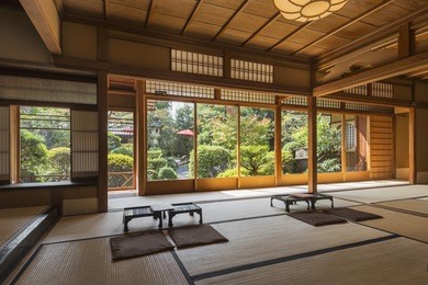 interior of a tranditional japanese tea and dessert house with zen garden in kyoto, japan