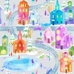 seamless pattern with winter city map,road,park and lake.christmas illustration.colorful snow house.urban life postcard.watercolor hand drawn illustration.grey background.