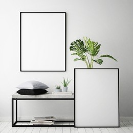 mock up poster frame in hipster interior background, scandinavian style, 3d render, 3d illustration