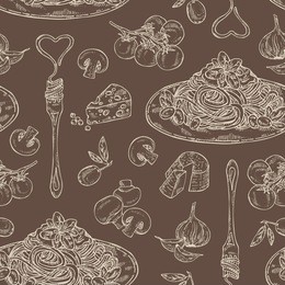 seamless with pasta, folk with pasta, vegetables, cheese and champignon. hand drawn