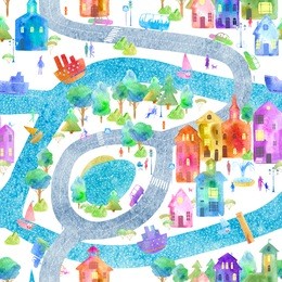 seamless pattern with city map,road,park,river,lake and boat.colorful house.urban life postcard.watercolor hand drawn illustration.white background.