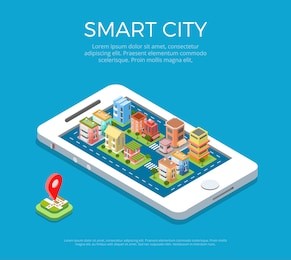 flat isometric buildings on smartphone screen, smart city app infographics template vector illustration. 3d isometry mobile application concept.
