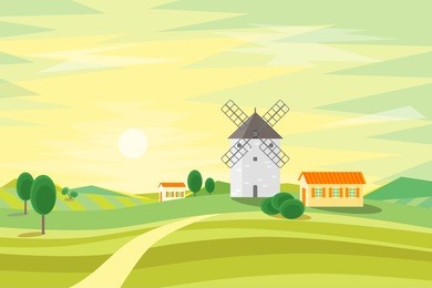 landscape rural with traditional old windmill. flat design style. vector illustration