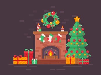 festive christmas tree and decorated fireplace card in flat style isolated on dark background for season's greetings and new year invitations