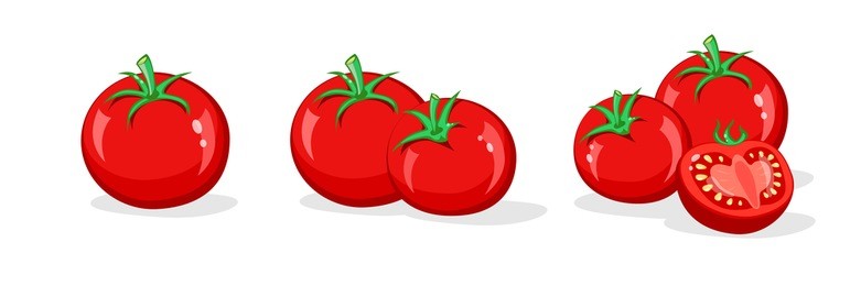 whole and half cut tomatoes isolated on white background.