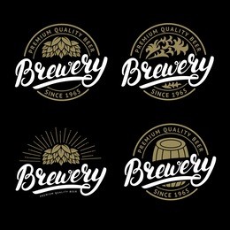 set of brewery hand written lettering logo, label, badge template with hop for beer house, bar, pub, brewing company, tavern, wine whiskey market. black background. vintage style. vector illustration.