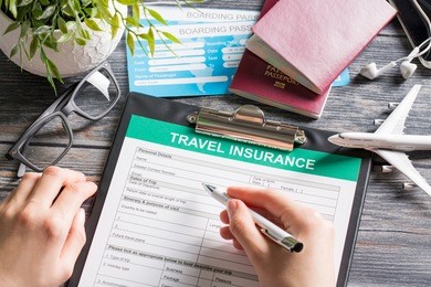 travel agent ticket safe plan trip holiday model insurance money concept air form business security paper transportation concept - stock image