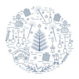 vector illustration of different new year and christmas symbols arranged in a circle. winter elements made in line style. 