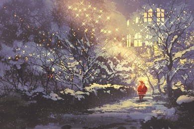 santa claus in snowy winter alley in the park with christmas lights on trees,illustration painting