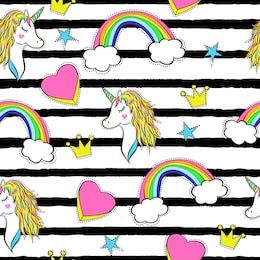 seamless pattern with trendy cartoon patches. unicorns, rainbows and hearts. retro fashion background with elements in 90s style. 