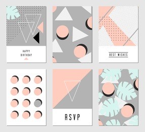 a set of six abstract geometric designs in black, white, light gray and pastel pink. modern and original greeting card, invitation, poster design templates.