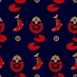 chinese koi carp vector pattern with fish and water plants.