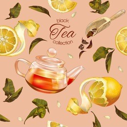vector black tea seamless pattern with transparent teapot, tea leaves and lemon. design for black and fruit tea, drink menu, homeopathy, aromatherapy and health care products.best for packaging design