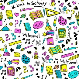 back to school seamless vector pattern. good for textile fabric design, wrapping paper and website wallpapers. vector illustration. extremely bright acid colors. pink, yellow, cyan.