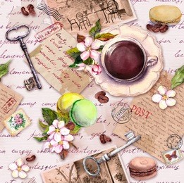 vintage old paper with coffee or tea cup, macaroon cakes, flowers, hand written letters,  keys. retro design. seamless pattern