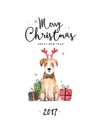merry christmas and happy new year illustration. watercolor illustration of dog. 
