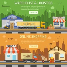 warehouse, logistics and internet shopping horizontal banners with flat icons set shop, delivery, truck, cityline, storage and house. vector illustration.