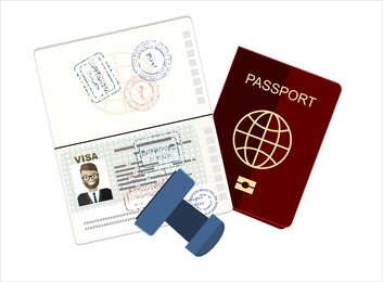 passport with biometric data. identification document and stamp flat vector illustration