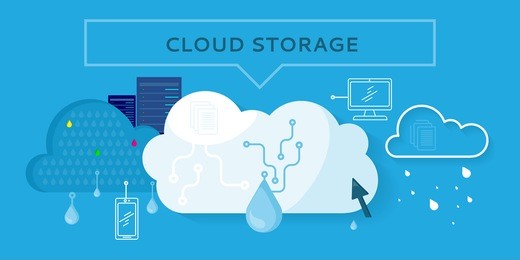 cloud storage web banner in flat style. information sharing and saving. servers, users, drops, computer networks,media icons. illustration for video presentation or corporate ad animation clip