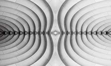 reworked abstract architecture photograph resembling decorative wall / ceiling panel or stair-step structure in hi-tech or bio-design. original curvilinear pattern.