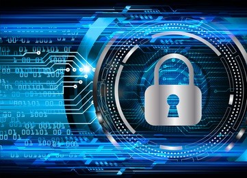 safety concept, closed padlock on digital background, cyber security, blue abstract hi speed internet technology background illustration. key