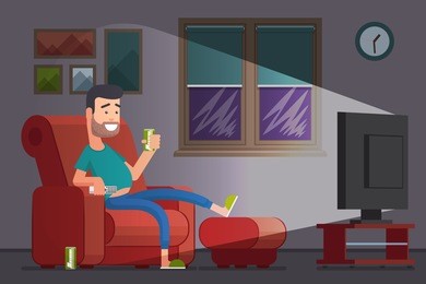 man watching tv and drinking beer. lazy slacker in the chair watch television. vector illustration