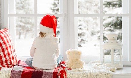happy child girl sitting back in the winter window christmas
