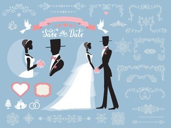 wedding winter decoration set.bride,groom flat silhouette,portrait.bridal dress,christmas swirling borders, ribbon,icons,label.retro invitation design template.vintage vector,simple, fashion