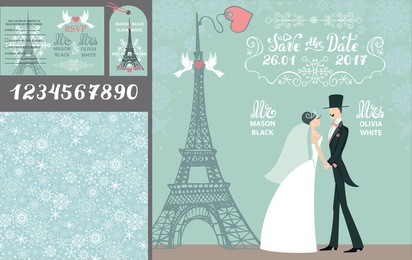wedding design template set.winter,christmas season.bride in white dress and groom,snowflakes ornament,eiffel tower,paris.flat couple people.holiday invitation,save date,rsvp,tag. vector illustration