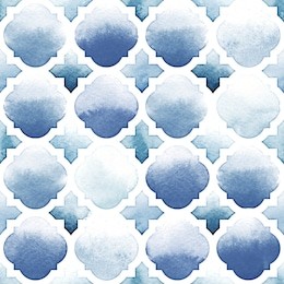 morrocan ornament of blue colors on white background. watercolor seamless pattern. riverside and airy blue.