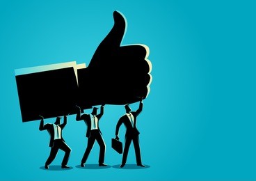 business concept illustration of businessmen holding up giant thumb up hand, teamwork for success