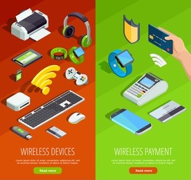 modern wireless technology internet connection safety and electronic devices 2 vertical isometric banners set isolated vector illustration 