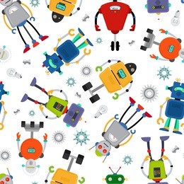 robot pattern with cute colorful robots on white. vector illustration