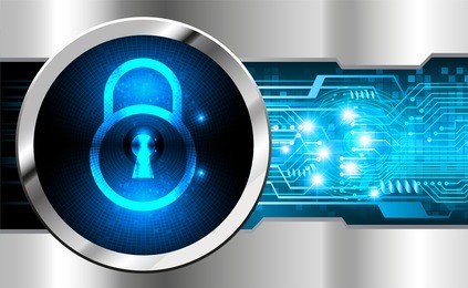 safety concept, closed padlock on digital background, cyber security, blue abstract hi speed internet technology background illustration. key