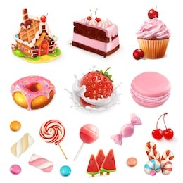 confectionery and desserts. strawberry and milk, cake, cupcake, candy, lollipop. pink 3d vector icon set
