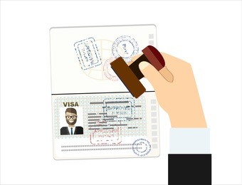 visa stamp passport. hand puts a stamp in the passport with a mark approved. travel document. vector illustration in flat design.
