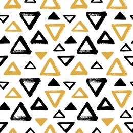 brush drawn triangles, pyramid seamless vector pattern. black and yellow, gold geometric doodle style background. abstract hand drawn texture. various triangle shapes with rough, uneven edges.