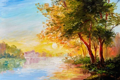 oil painting landscape, river in the spring forest with sunset, afternoon