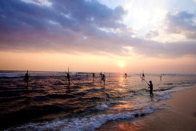 silhouettes of the traditional fishermen at the sunset near galle in sri lanka
