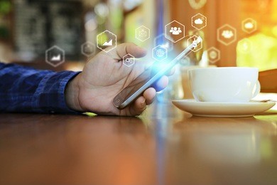 hand touch screen smart phone. social media concept.