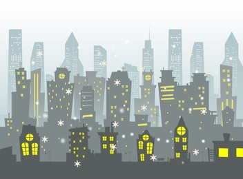 vector abstract illustration of cartoon city with snow.