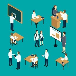 isometric set of teachers and students with boards and furniture on green background  isolated vector illustration 