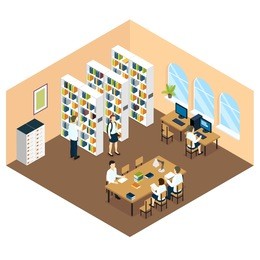student library isometric design with children bookcases and computers in beige room with arcged windows vector illustration