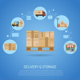 delivery and storage concept infographics with flat icons pallet with boxes and delivery process in store. vector illustration