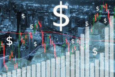 trading stock market graph and bar on city at night. business financial and trading concept