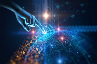 virtual human hand 3dillustration on business and learning technology  background represent learning process.
